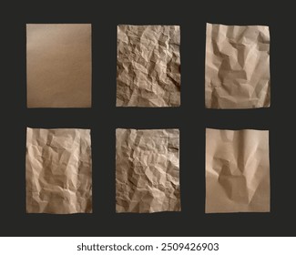 Crumpled kraft cardboard paper, Set beige vintage paper torn antique page. Vector collection parchment paper.