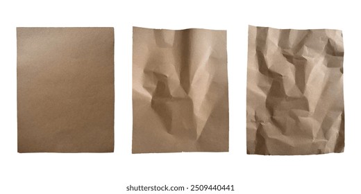 Crumpled kraft cardboard paper, Set beige vintage paper torn antique page. Vector collection parchment paper.