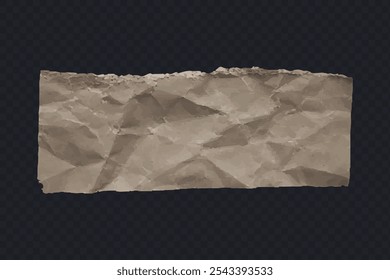 Papel kraft amassado, pedaços rugosos de papel kraft rasgado, pedaços de pergaminho castanho, ilustração Vetor.