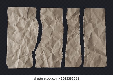 Papel kraft amassado, pedaços rugosos de papel kraft rasgado, pedaços de pergaminho castanho, ilustração Vetor.