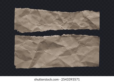 Papel kraft amassado, pedaços rugosos de papel kraft rasgado, pedaços de pergaminho castanho, ilustração Vetor.