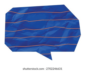 Crumpled lined paper speech bubble with folded texture, angular tail, and subtle shading in flat graphic style. Notebook style chat shape shows creases, ruled stripes, and paper grain