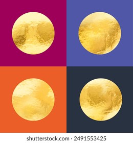 Crumpled metallic paper. Shiny gold Foil circles texture. Special offer price tag, promotional badge. Shopping labels, sale or discount sticker, quality mark. Vector golden symbols.