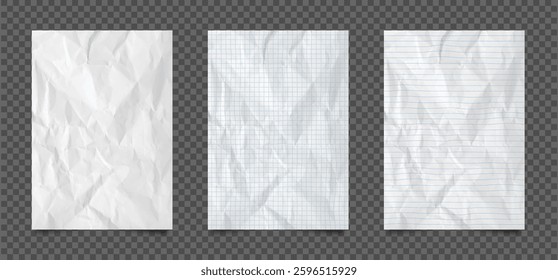 Crumpled notebook paper sheets. Realistic white, striped and square grid pages with crumpled texture. 3d wrinkled notepad and copybook sheets in A4 format with shadow at transparent background. Vector