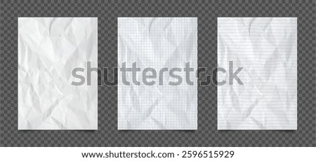 Crumpled notebook paper sheets. Realistic white, striped and square grid pages with crumpled texture. 3d wrinkled notepad and copybook sheets in A4 format with shadow at transparent background. Vector