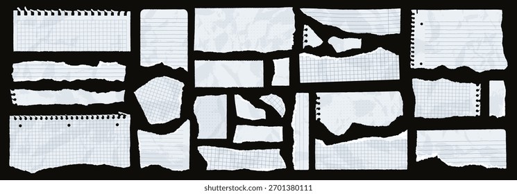 Crumpled notebook sheets with ragged edges, realistic torn pieces of lined paper. Blank memo sheet shreds, ragged note scraps, wrinkled paper strips, collage or scrapbooking vector elements set