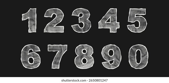 Crumpled Numbers Made of Crumpled Paper Texture With Torn Uneven Edges From 0 to 9 On a Black Background. Full Set of Numbers Made of Crumpled Paper. Vector Illustration