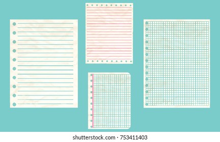 Crumpled old paper - Sheets in a cage and ruler - isolated on white background - vector art illustration
