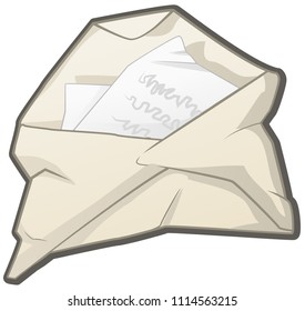 Crumpled opened letter cartoon color drawing, vector illustration, horizontal, over white, isolated