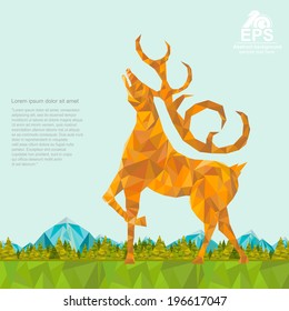 crumpled paper background with deer and forest and mountaines on horizont