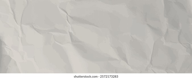 Crumpled paper background with a light gray color, creating a textured, wrinkled effect. The gray background adds a subtle, neutral tone. Paper texture background vector. Gray background.