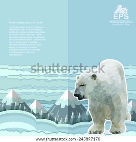crumpled paper background with polar bear and snow forest and mountines on horizon