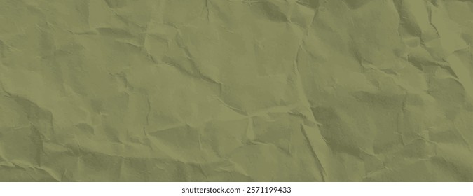 A crumpled paper background with a textured, olive green color. The background features a wrinkled, olive green surface. Paper texture background vector. Green background.