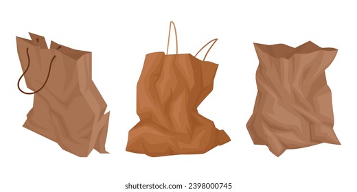 Bolsas de papel en ruinas. Caricatura con bolsas de compras, bolsa de papel sin desperdicios, bolsa de compras reutilizable juego de ilustración plana vectorial. Sin paquete de compras de residuos