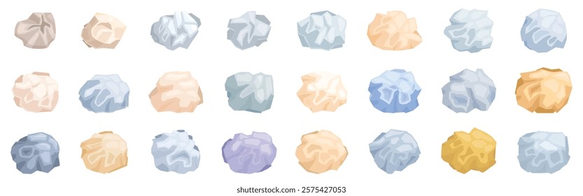 Crumpled paper ball icons set. Collection of colorful crumpled paper balls representing rejected concepts, creative block, or discarded drafts