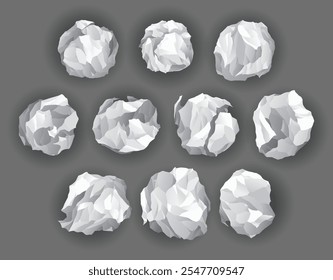 Crumpled paper balls icon set. Mistake in document or realistic wrinkled page. Realistic garbage, bad idea symbols. Crushed paper after brainstorming. Vector illustration isolated on gray background