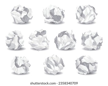 Crumpled paper balls icons. Realistic garbage, bad idea symbols, crushed piece of papers. Throw rumple grunge sheets. Mistake in documents. Realistic wrinkled pages