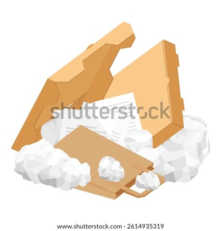Crumpled paper cardboard garbage flat icon. Waste sorting and recycling. Sorted paper garbage cardboard boxes, newspapers. Enviroment. Trash utilization. Vector illustration 