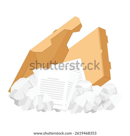 Crumpled paper cardboard garbage flat icon. Waste sorting and recycling. Sorted paper garbage cardboard boxes, newspapers. Enviroment. Trash utilization. Vector illustration
