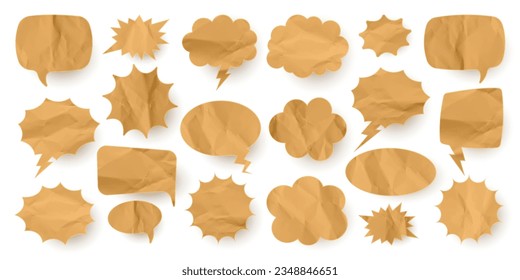 Crumpled paper comic speech bubbles. Hand drawn retro cartoon stickers. Pop art style. Old, vintage dialog boxes with cardboard texture. Vector illustration