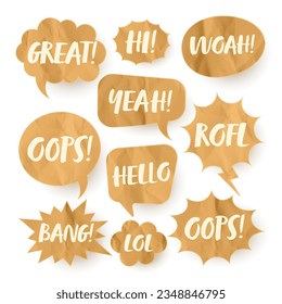 Crumpled paper comic speech bubbles. Hand drawn retro cartoon stickers with text. Pop art style. Old, vintage dialog boxes with cardboard texture. Vector illustration