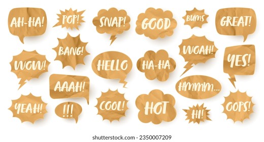 Crumpled paper comic speech bubbles. Hand drawn retro cartoon stickers with text. Pop art style. Old, vintage dialog boxes with cardboard texture. Vector illustration