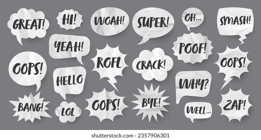 Crumpled paper comic speech bubbles. Hand drawn retro cartoon stickers with text. Pop art style. Old, vintage dialog boxes with cardboard texture. Vector illustration