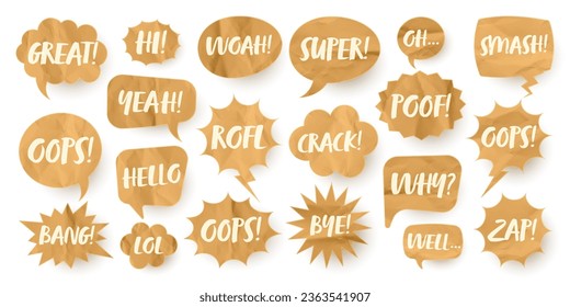 Crumpled paper comic speech bubbles. Hand drawn retro cartoon stickers with text. Pop art style. Old, vintage dialog boxes with cardboard texture. Vector illustration