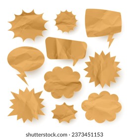 Burbujas de habla cómica de papel en ruinas. Pegatinas de dibujos retro dibujadas a mano. Estilo de arte pop. Cuadros de diálogo antiguos y antiguos con textura de cartón. Ilustración del vector