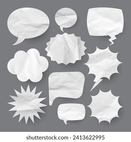 Crumpled paper comic speech bubbles. Hand drawn retro cartoon stickers. Pop art style. Old, vintage dialog boxes with cardboard texture. Vector illustration