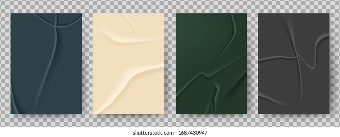Crumpled paper. Creased texture, blank glued poster. Grungy sheet effect, colorful blank flyers. Realistic vector empty banners