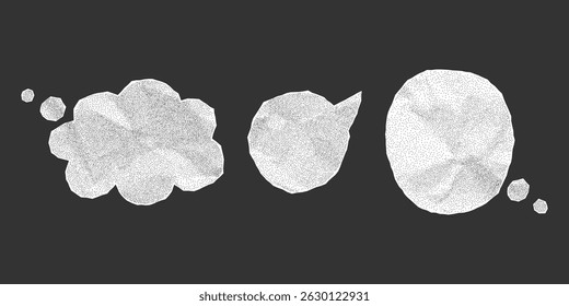 Bolhas de diálogo de papel amassado com bordas rasgadas da folha de bloco de anotações. Elementos isolados de banner, textura pontilhada e design de meio-tom em tons suaves.