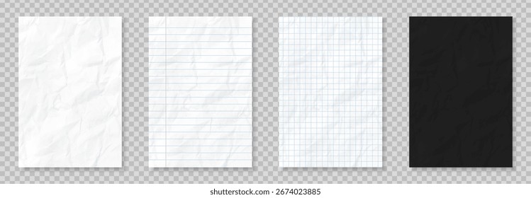 Crumpled paper effect. Sheet from grid and lined notebook. White and black page from sketchbook. Empty paper template or mockup. Realistic vector illustration set on transparent background