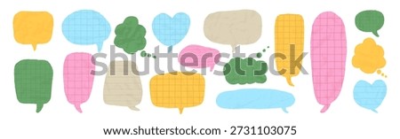 Crumpled paper and grid speech bubbles with torn edges. Multi colours dialogue stickers blanks for comic chat templates, scrapbook and playful retro messaging design. Vector kids text boxes no bg.