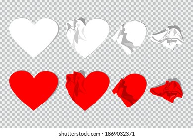 Crumpled paper hearts vector cartoon set isolated on a transparent background.