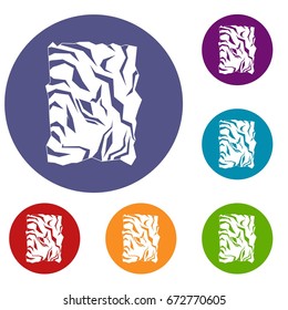 Crumpled paper icons set in flat circle reb, blue and green color for web