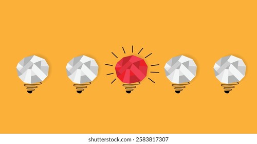 Crumpled Paper Light Bulbs one Shining in Color. Business and concept brainstorming vector art