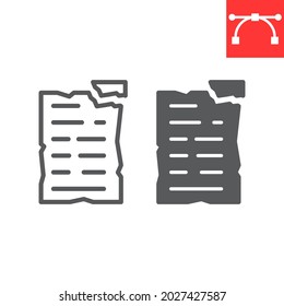 Crumpled paper line and glyph icon, recycle and ecology, paper waste vector icon, vector graphics, editable stroke outline sign, eps 10