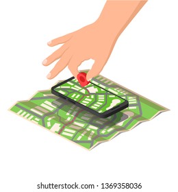 Crumpled paper map with city road and way and hand holding pin on screen smartphone isometric