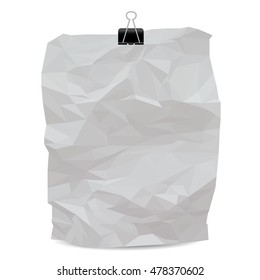 Crumpled paper note background with clip. Vector illustration.