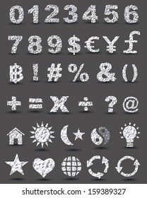Crumpled paper numbers and symbols vector