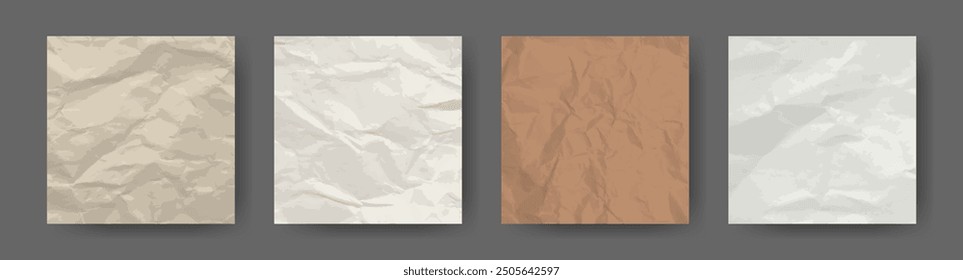 Crumpled Paper posters on black background. Wrinkled old Notebook sheets with copy space. Texture background.