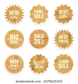 Crumpled paper price tags. Special offer or shopping discount label. Retail paper sticker with cardboard texture. Promotional sale badge. Vector illustration