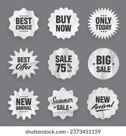 Crumpled paper price tags. Special offer or shopping discount label. Retail paper sticker with cardboard texture. Promotional sale badge. Vector illustration