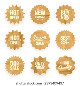 Crumpled paper price tags. Special offer or shopping discount label. Retail paper sticker with cardboard texture. Promotional sale badge. Vector illustration