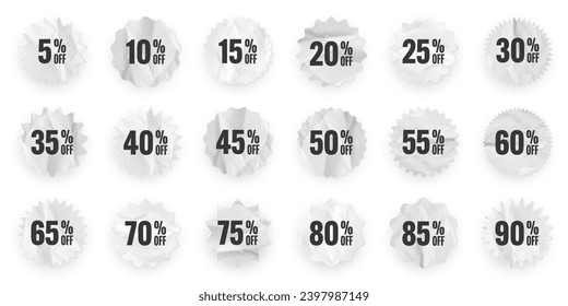 Crumpled paper price tags. Special offer or shopping discount label with percent, discount percentage value. Retail sticker with cardboard texture. Promotional sale badge. Vector illustration