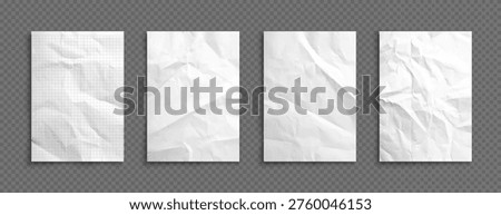Crumpled paper and school notebook sheets with wrinkled texture, realistic vector. Graph paper or squared copybook pages with crumples and folds on white blank background for posters or documents