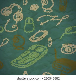 Crumpled paper seamless pattern of rasterized images of electronic devices in the dark shades of green
