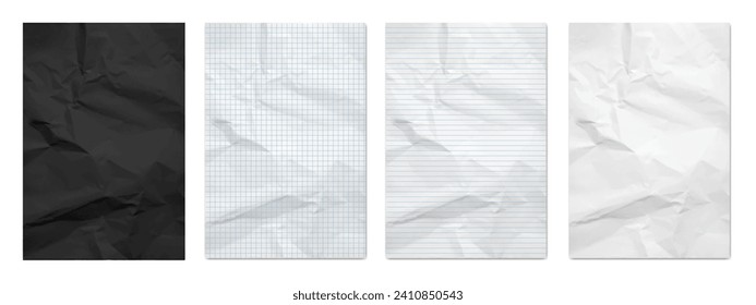 Crumpled paper set, Black, white and checkered paper texture. Notebook sheet collection. Blank pages Realistic 3d vector illustration,