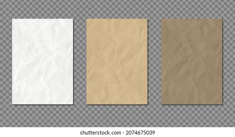 Crumpled paper set vector background. Realistic textured recycled paper collection. White and brown pages isolated on transparent background - Shutterstock ID 2074675039